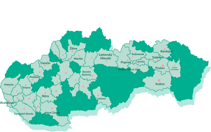 Mapa Slovenska s oblasťami doručenia Zjedené